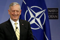 FILE PHOTO: U.S. Defense Secretary Jim Mattis addresses a news conference during a NATO defence ministers meeting at the Alliance headquarters in Brussels, Belgium, February 16, 2017. REUTERS/Francois Lenoir/File Photo