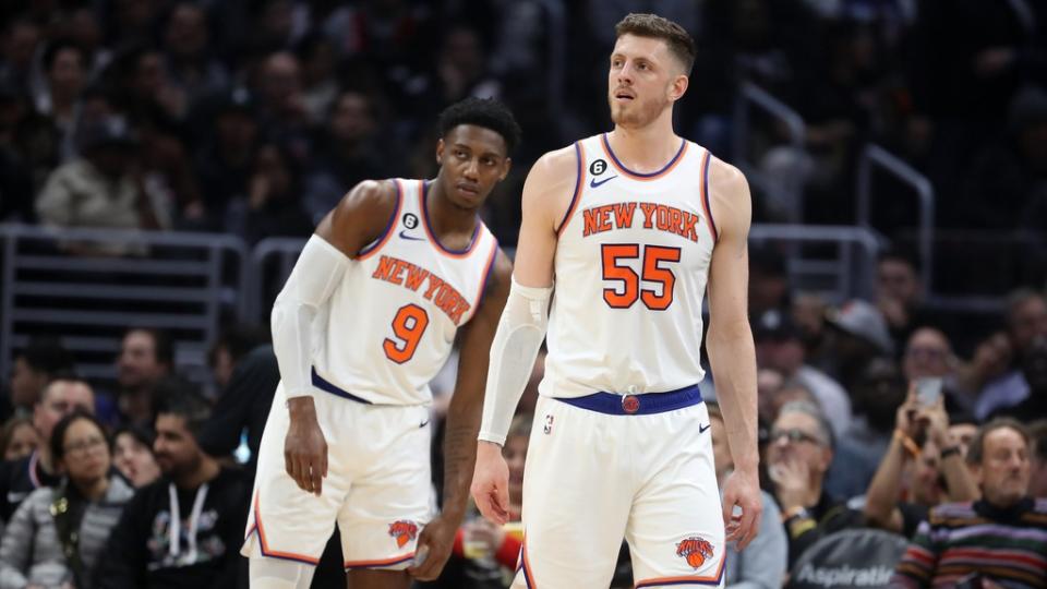 Mar 11, 2023; Los Angeles, California, USA; New York Knicks center Isaiah Hartenstein (55) and guard RJ Barrett (9) during the game against the Los Angeles Clippers at Crypto.com Arena.