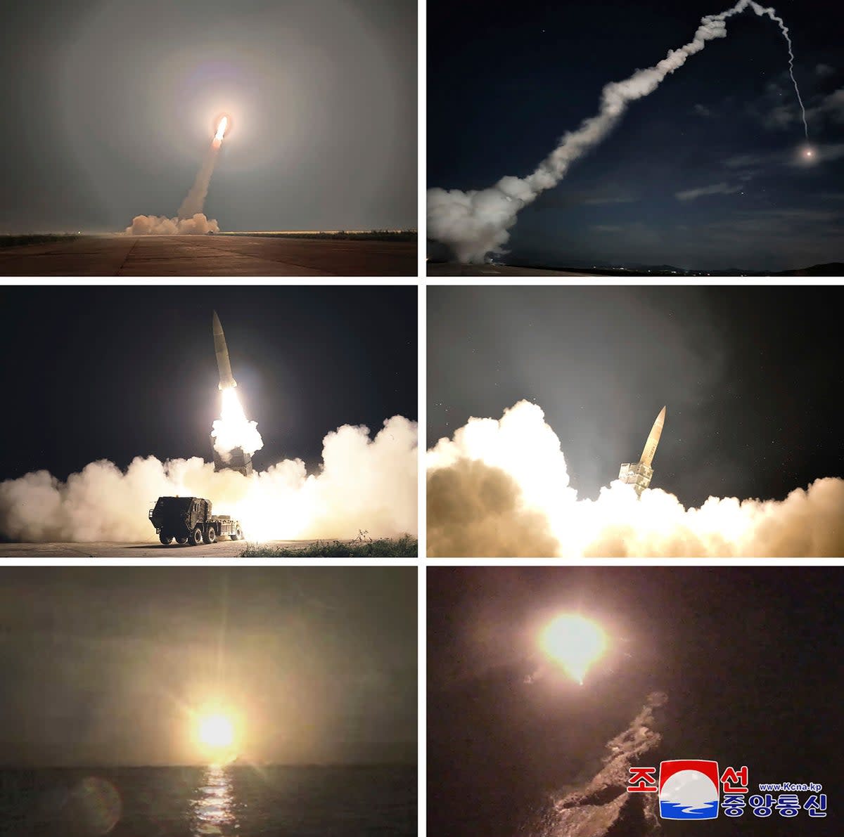 This combination of photos provided by the North Korean government shows what it says a tactical nuclear strike drill in Pyongyang on 30 August. Independent journalists were not given access to cover the event depicted in this image distributed by the North Korean government (AP)