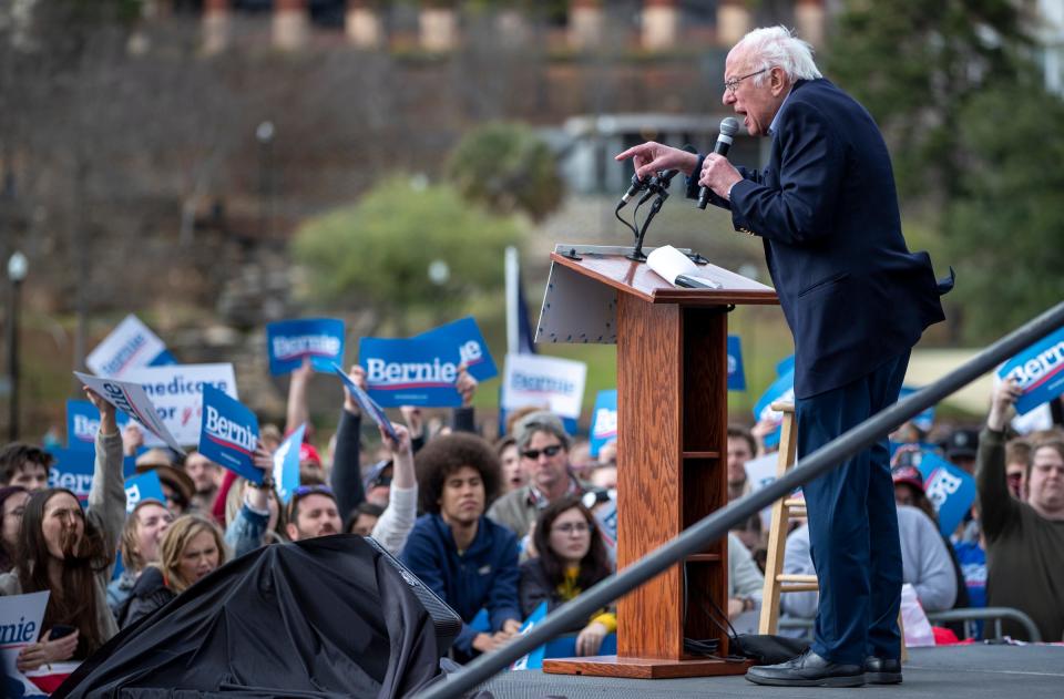 Bernie Sanders speaks during a rally in Columbia, S.C., in advance of the state's primary, Friday, Feb. 28, 2020. 