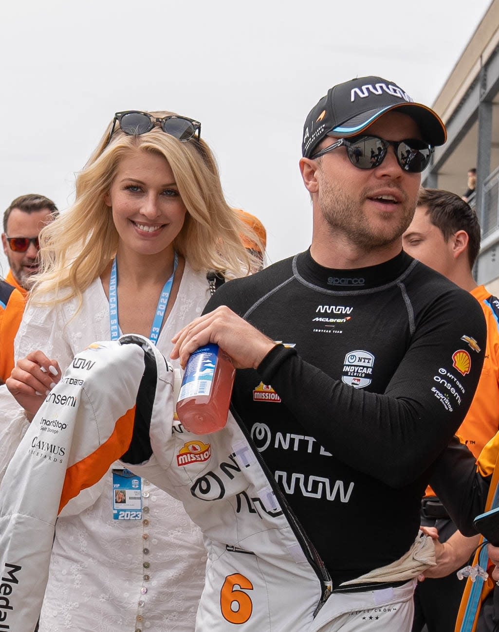 Arrow McLaren SP driver Felix Rosenqvist (6) and his girlfriend Emille Sutt walk out of Gasoline Alley on Sunday, May 28, 2023, during the 107th running of the Indianapolis 500 at Indianapolis Motor Speedway.