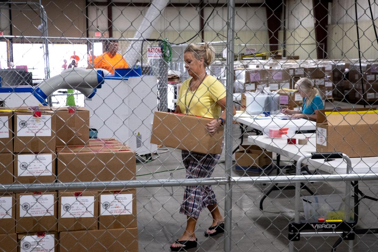 The audit of the Maricopa County ballots from the 2020 general election continues, July 19, 2021, in the Wesley Bolin Building at the Arizona State Fairgrounds, Phoenix.