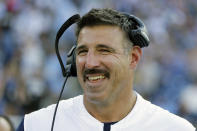 FILE - In this Aug. 17, 2019, file photo, Tennessee Titans head coach Mike Vrabel watches from the sideline in the first half of a preseason NFL football game against the New England Patriots in Nashville, Tenn. Vrabel might have a wild card in his pocket with at least 14 Titans, led by quarterback Marcus Mariota, in the final year of their contracts providing added motivation. (AP Photo/James Kenney, File)