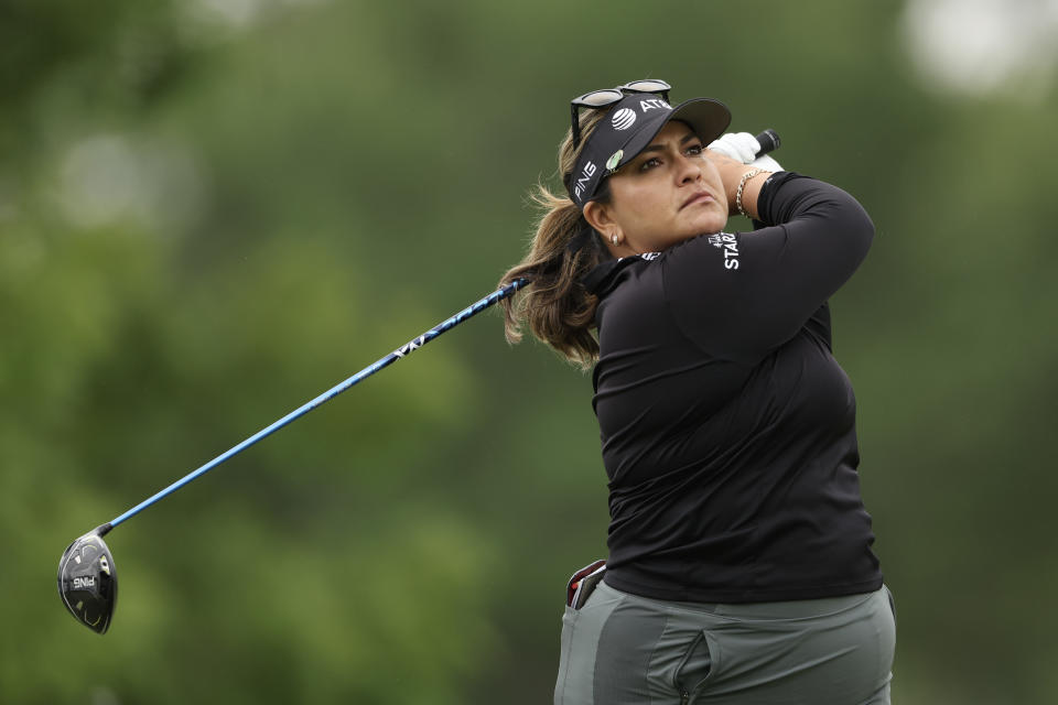 Lizette Salas of the United States hits a tee shot on the 13th hole during the first round of the KPMG Women’s PGA Championship at Baltusrol Golf Club on June 22, 2023 in Springfield, New Jersey. (Photo by Christian Petersen/Getty Images)