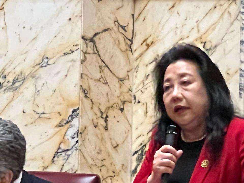 In this file photo, Maryland Sen. Susan Lee, D-Montgomery, speaks on the senate floor on Jan. 12, 2023. Lee's selection as secretary of state in the Moore-Miller administration created a legislative vacancy, one of several in the past year.