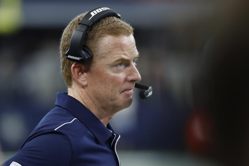 Dallas Cowboys head coach Jason Garrett watches from the sidelines in the first quarter of an NFL football game against the Los Angeles Rams in Arlington, Texas, Sunday, Dec. 15, 2019. (AP Photo/Roger Steinman)
