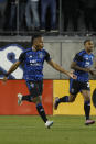 San Jose Earthquakes forward Jeremy Ebobisse, left, celebrates after scoring against the Vancouver Whitecaps during the second half of an MLS soccer match in San Jose, Calif., Saturday, March 4, 2023. (AP Photo/Josie Lepe)