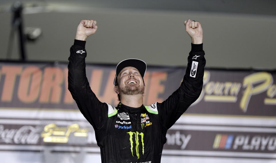 Kurt Busch celebrates after winning a NASCAR Cup Series auto race Sunday, Sept. 27, 2020, in Las Vegas. (AP Photo/Isaac Brekken)