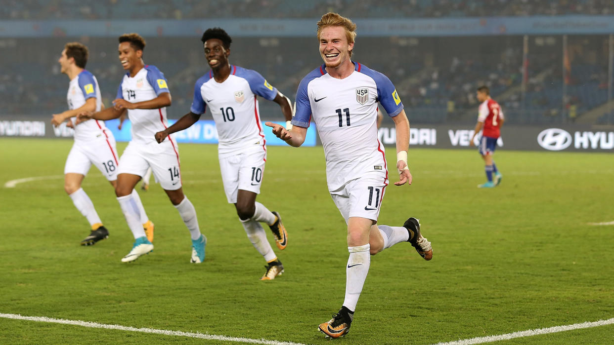 Andre Carleton (right) and Timothy Weah (second right) starred for the U.S. under-17s against Paraguay. (Getty)