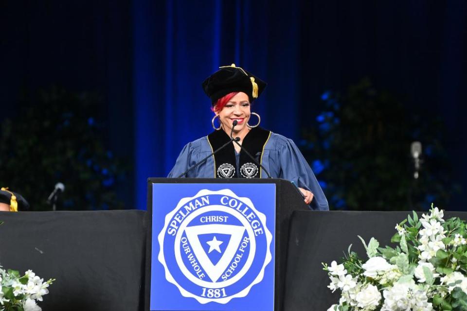 Nikole Hannah-Jones gives a speech from a lectern.