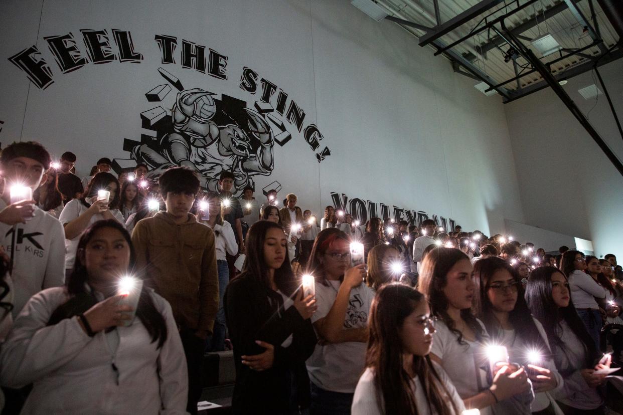 Horizon High School students attend a memorial for Miguel Romero at Horizon High School on Feb. 13, 2024. Romero was killed in a hit-and-run in East El Paso.