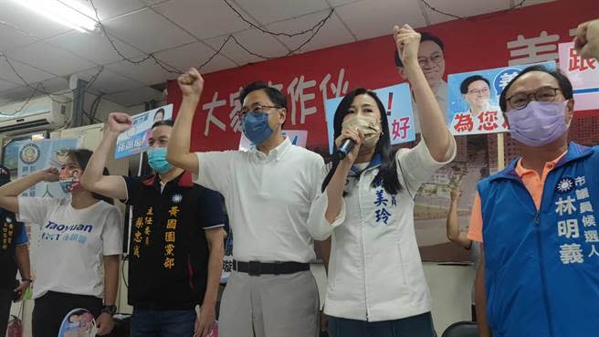 國民黨桃園市長參選人張善政（中）今天下午到龜山跑行程，高喊「凍蒜」口號。（賴佑維攝）