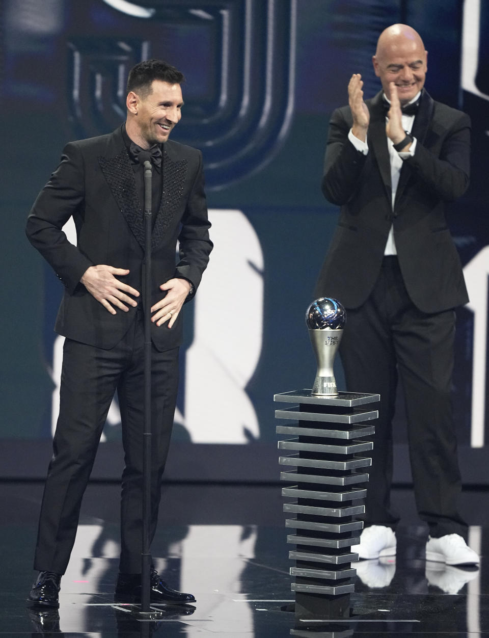 Argentina's Lionel Messi speaks after receiving the Best FIFA Men's player award during the ceremony of the Best FIFA Football Awards in Paris, France, Monday, Feb. 27, 2023. (AP Photo/Michel Euler)