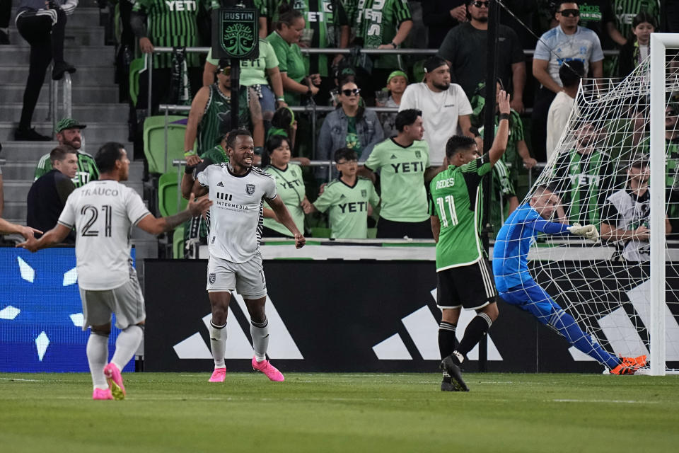 San Jose Earthquakes forward Jeremy Ebobisse, second from left, celebrates his score against Austin FC goalkeeper Brad Stuver, right, during the second half of an MLS soccer match in Austin, Texas, Saturday, April 29, 2023. (AP Photo/Eric Gay)