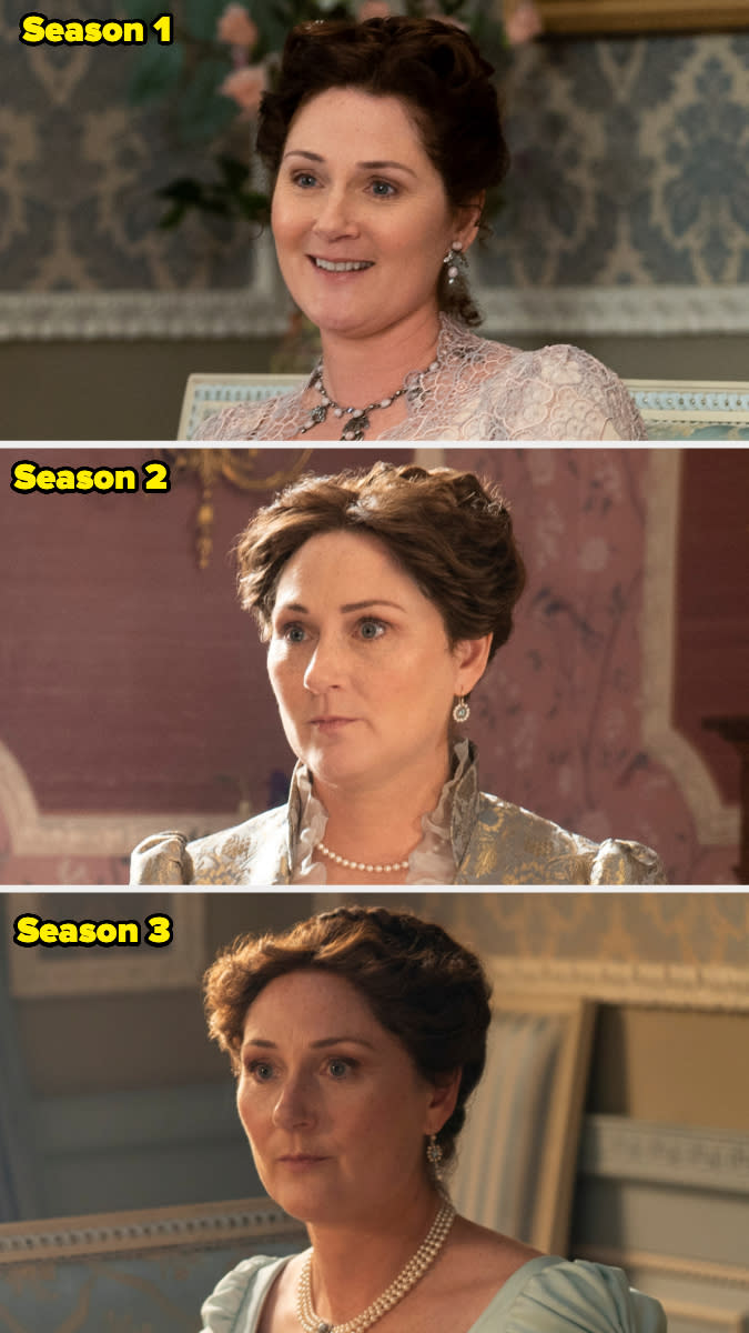 Violet Bridgerton in three different scenes from seasons 1, 2, and 3 of Bridgerton, showing varied period costume styles