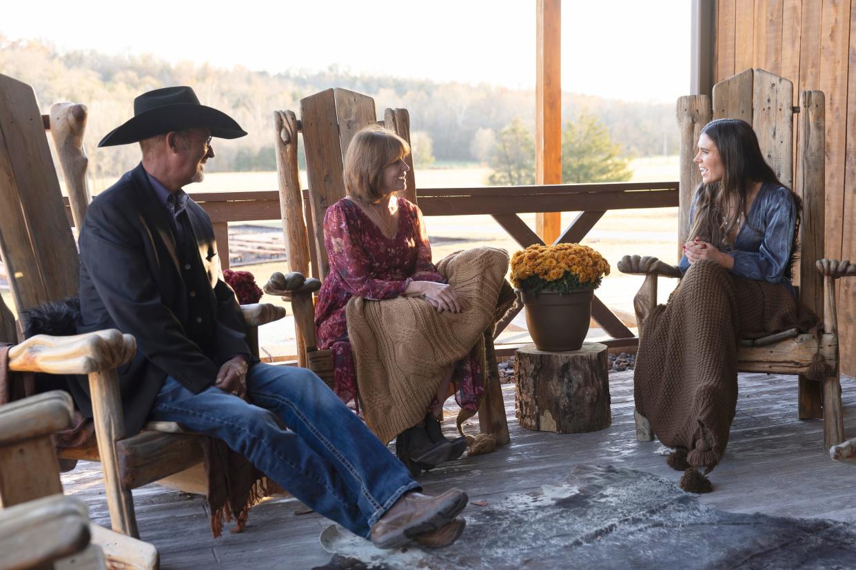 Emerson Sears, right, meets with farmer Brandon Rogers’ parents during the “Family Dinner” episode of "Farmer Wants a Wife" that aired Thursday, April 11, 2024, on Fox.