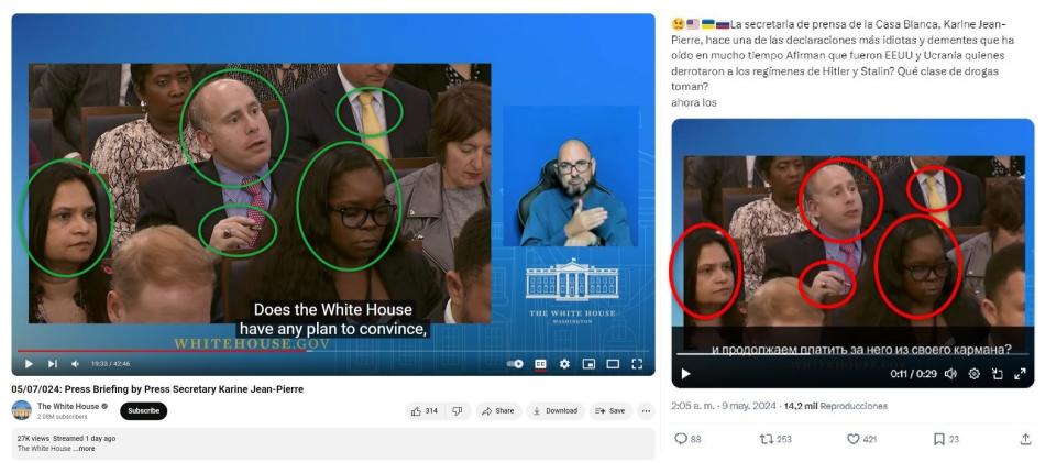 <span>Comparación entre capturas de pantalla de la rueda de prensa de la Casa Blanca en YouTube (I) y una publicación en Facebook, realizada el 9 de mayo de 2024 </span>