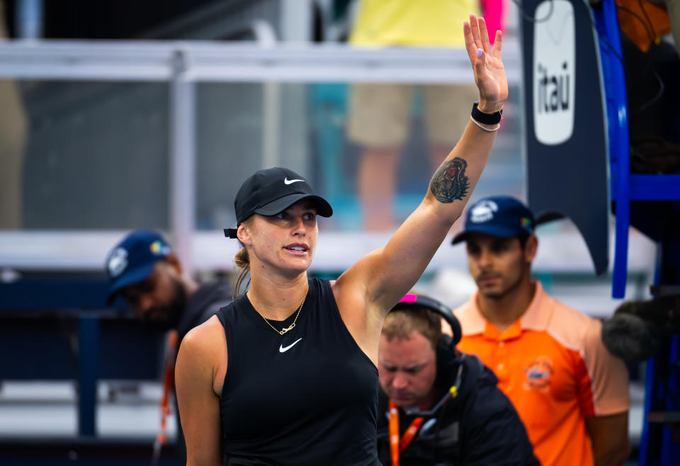 MIAMI GARDENS, FLORIDA - MARCH 22: Aryna Sabalenka reacts to defeating Paula Badosa of Spain in the second round on Day 7 of the Miami Open Presented by Itau at Hard Rock Stadium on March 22, 2024 in Miami Gardens, Florida (Photo by Robert Prange/Getty Images)