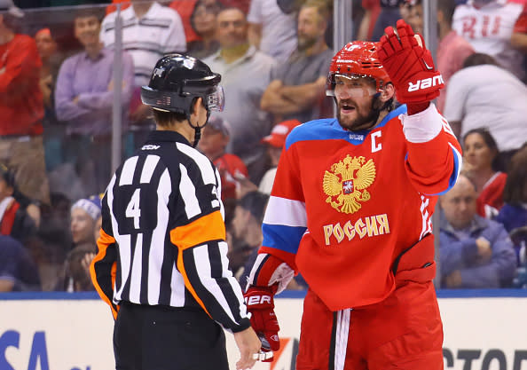 TORONTO, ON - SEPTEMBER 18: Alex Ovechkin #8 of Team Russia argues a disallowed goal with referee Wes McCauley in the final minutes of a 2-1 loss to the Team Sweden during the World Cup of Hockey 2016 at the Air Canada Centre on September 18, 2016 in Toronto, Canada. (Photo by Bruce Bennett/Getty Images)