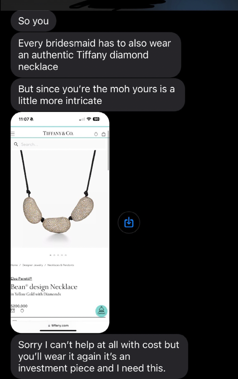 TikTok user asked to buy a Tiffany diamond necklace and wear it to her friend’s wedding (TikTok/@macydalydog)