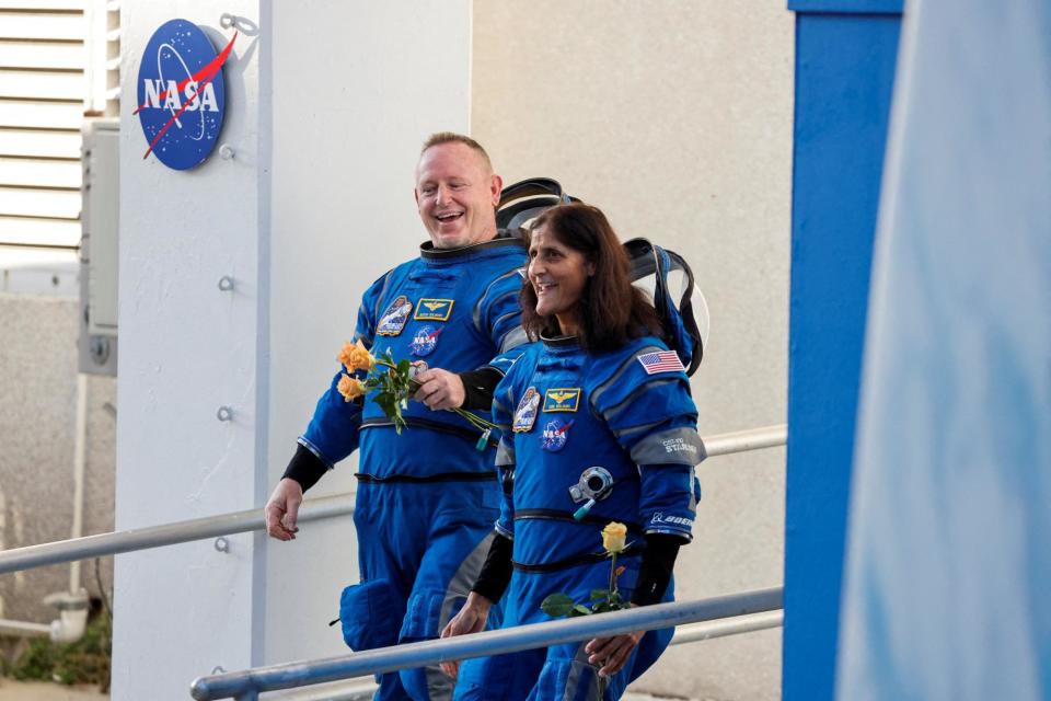 <span>Butch Wilmore and Sunita Williams before boarding Boeing's Starliner at Cape Canaveral, Florida, on 5 June 2024.</span><span>Photograph: Joe Skipper/Reuters</span>