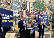 FILE - In this Wednesday, May 12, 2021, file photo, Kevin Faulconer, a Republican candidate for California governor, speaks during a news conference in Downey, Calif, where he announced his $15 billion tax-cut proposal. A fading coronavirus crisis and an astounding windfall of tax dollars have reshuffled California’s emerging recall election, allowing Democratic Gov. Gavin Newsom to talk of a mask-free future and propose billions in new spending for schools and businesses as he looks to fend off Republicans who depict him as a foppish failure. (AP Photo/Michael R. Blood, File)