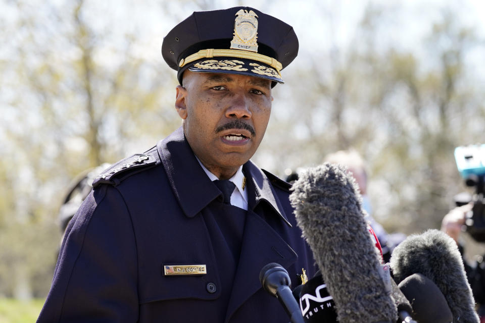 FILE - In this April 2, 2021, file photo, Washington Metropolitan Police Department chief Robert Contee speaks during a news conference in Washington. Political hand-wringing in Washington over Russia's hacking of federal agencies and meddling in U.S. politics has mostly overshadowed a worsening digital scourge with a far broader wallop: crippling and dispiriting extortionary ransomware attacks by cybercriminal mafias. All the while, ransomware gangsters have become more brazen and cocky as they put more and more lives and livelihoods at risk. This week, one syndicate threatened to make available to local criminal gangs data they say they stole from the Washington, D.C., metro police on informants. (AP Photo/Alex Brandon)