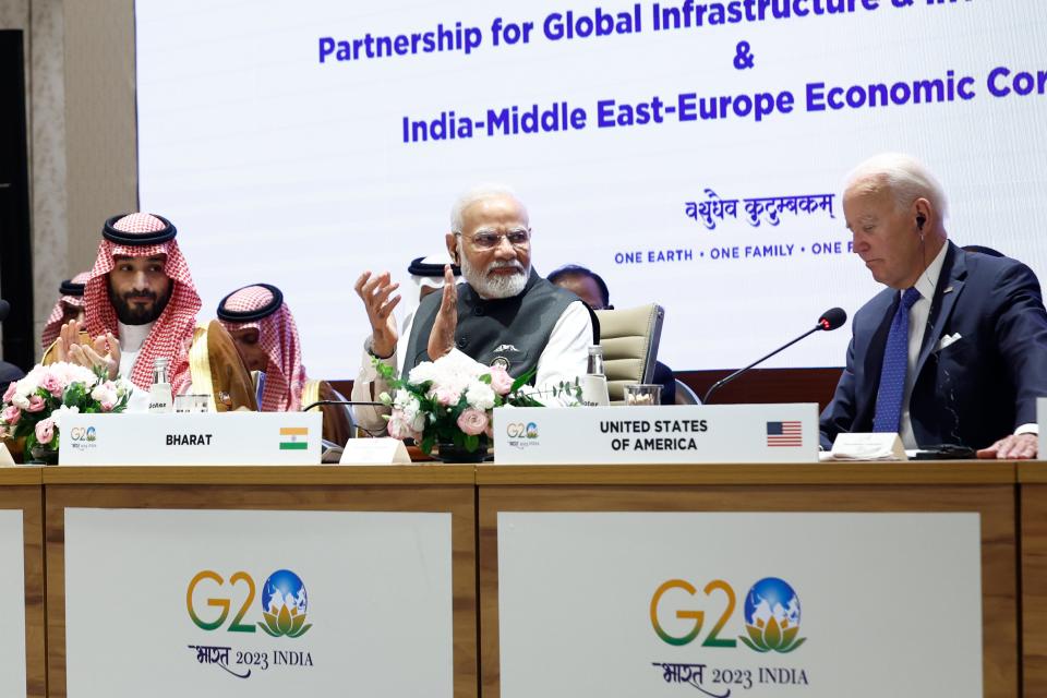 Saudi Arabian Crown Prince Mohammed bin Salman Al Saud, left, Indian Prime Minister Narendra Modi, center, and U.S. President Joe Biden attend Partnership for Global Infrastructure and Investment event on the day of the G20 summit in New Delhi, India, Sept. 9, 2023.