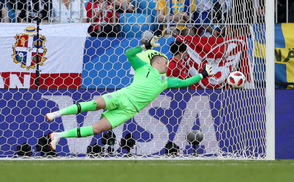 England goalkeeper Jordan Pickford making a brilliant save at the start of the second half in Samara