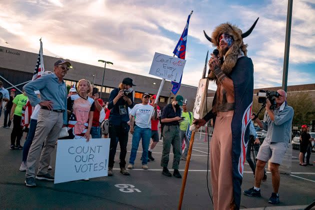 Supporters of President Donald Trump gather Nov. 5, 2020, to protest outside the Maricopa County Election Department as counting continues in Phoenix. (Photo: OLIVIER TOURON via Getty Images)