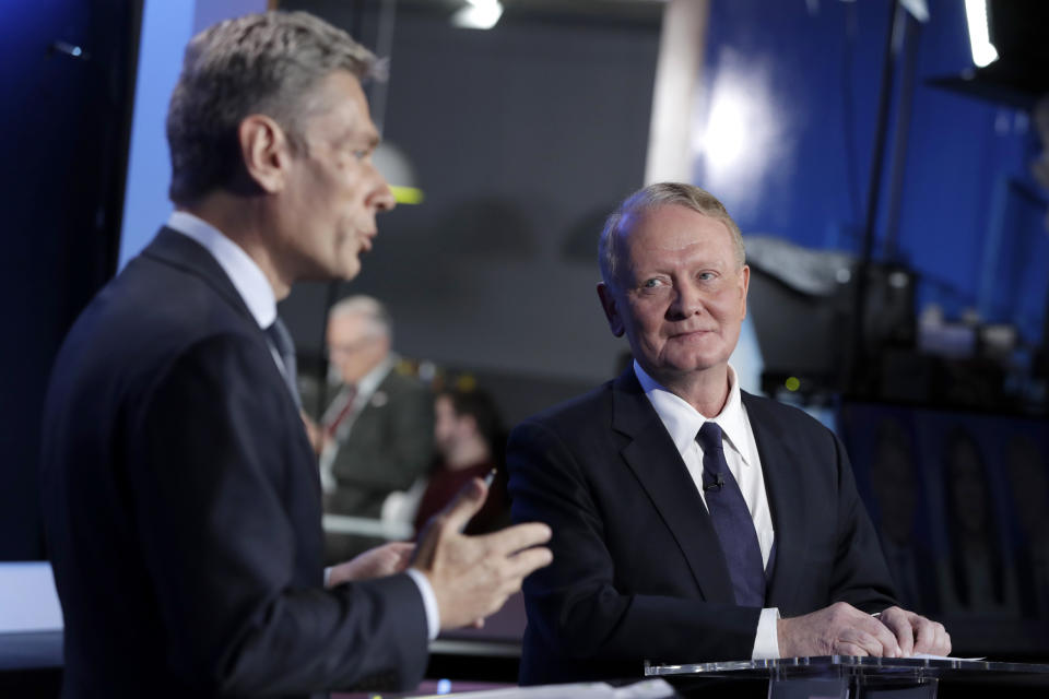 Republican candidate Leonard Lance, right, looks on as Democratic candidate Tom Malinowski answers a question during a U.S. Congressional District 7 debate, Wednesday, Oct. 17, 2018, in Newark, N.J. (AP Photo/Julio Cortez)