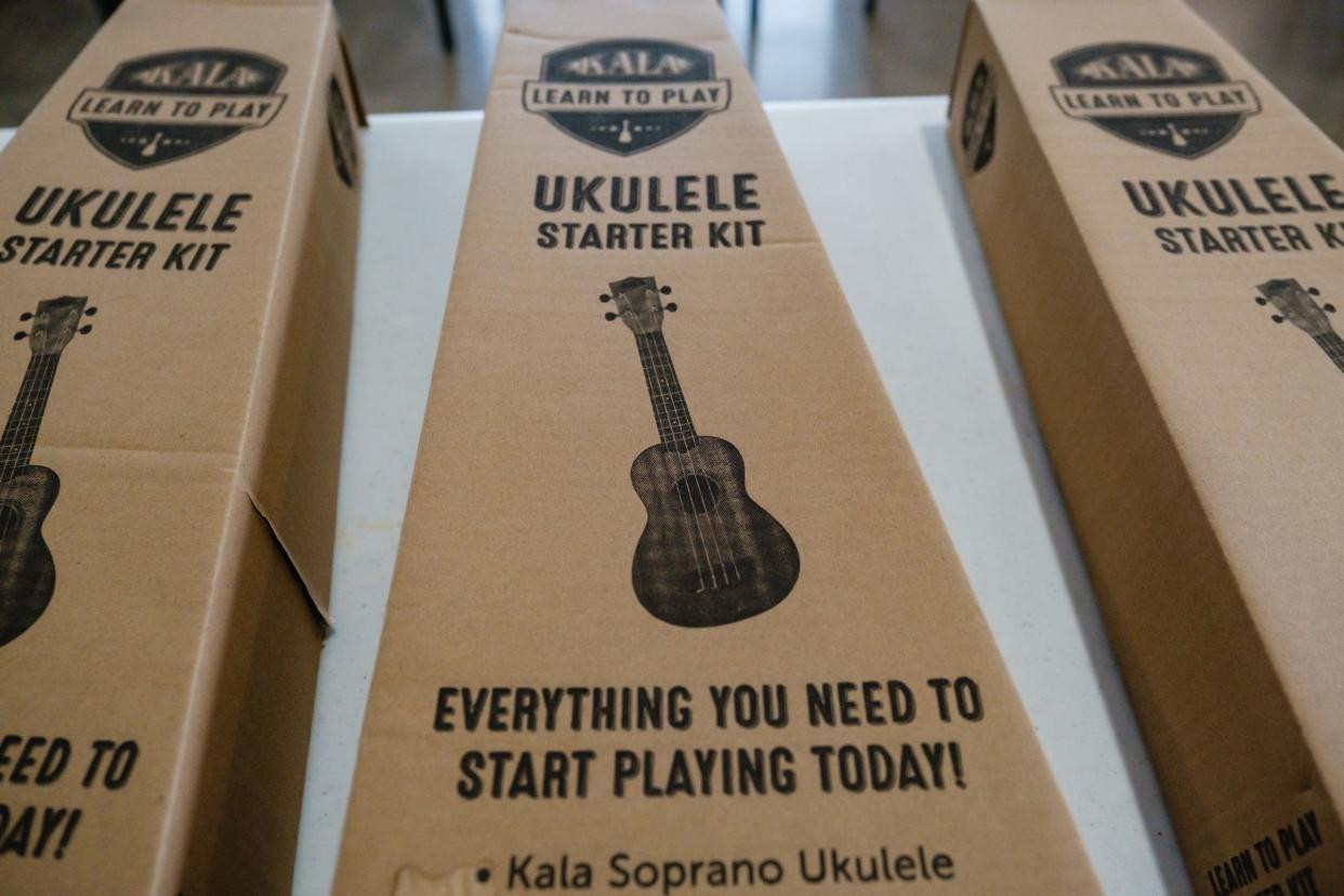 Ukuleles for guests to play were set out during a special performance by the T-County Ukulele Squad, Tuesday, April 3 at the Tuscarawas County Senior Center in Dover.