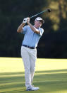 Steve Flesch looks on his second shot at the 18th hole during the second day of the Dominion Energy Charity Classic golf tournament at Country Club of Virginia on Saturday, Oct. 23, 2021, in Richmond, Va. (Daniel Sangjib Min/Richmond Times-Dispatch via AP)