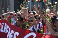 Supporters of suspendend president Dilma Rousseff shout slogans during the impeachment trial, outside the National Congress in Brasilia, on August 29, 2016