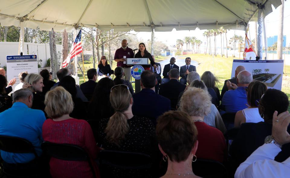 Daytona Beach City Manger Deric Feacher and ISB Coalition Chair Maryam Ghyabi-White spoke to the crowd gathered for Friday morning's East International Speedway Boulevard road project groundbreaking ceremony on Daytona's beachside.