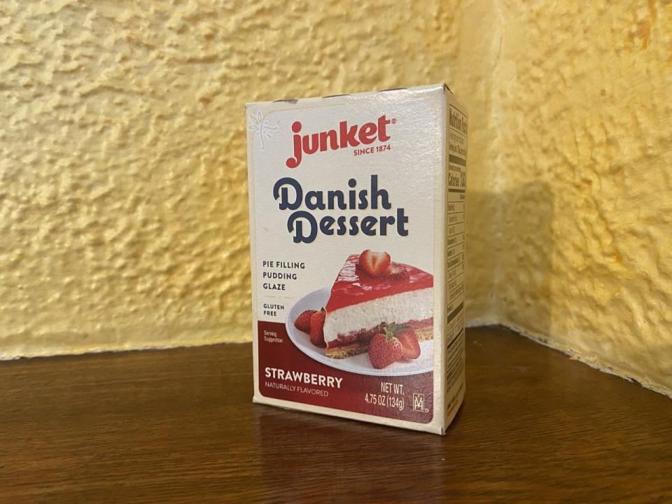 Little miss Muffet would go for this treat from Denmark: A Junket Danish Dessert packet, which can be made into pudding pie filling or fruit glaze.