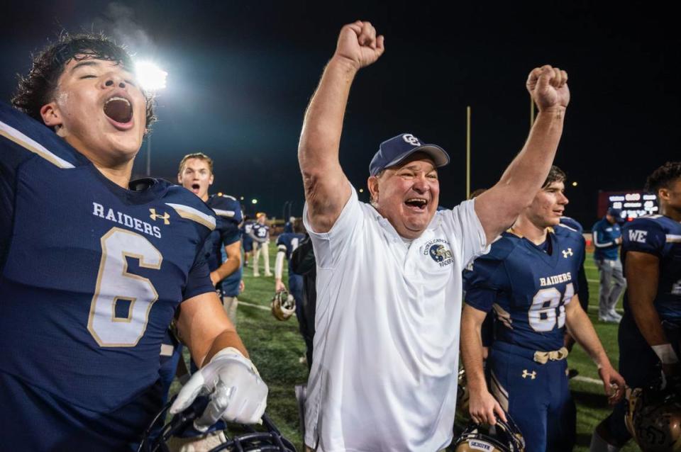 Central Catholic High School coach Roger Canepa celebrates his team’s 43-22 victory against Monterey Trail to win the CIF Sac-Joaquin Division II football championship at Hughes Stadium in Sacramento on Saturday, Nov. 27, 2021.