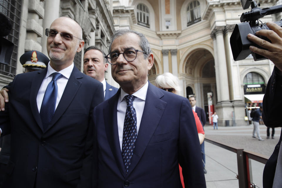 Italy's Minister of Economy Giovanni Tria arrives on the occasion of the Italy-China Financial forum, at Palazzo Marino town hall, in Milan, Italy, Wednesday, July 10, 2019. (AP Photo/Luca Bruno)