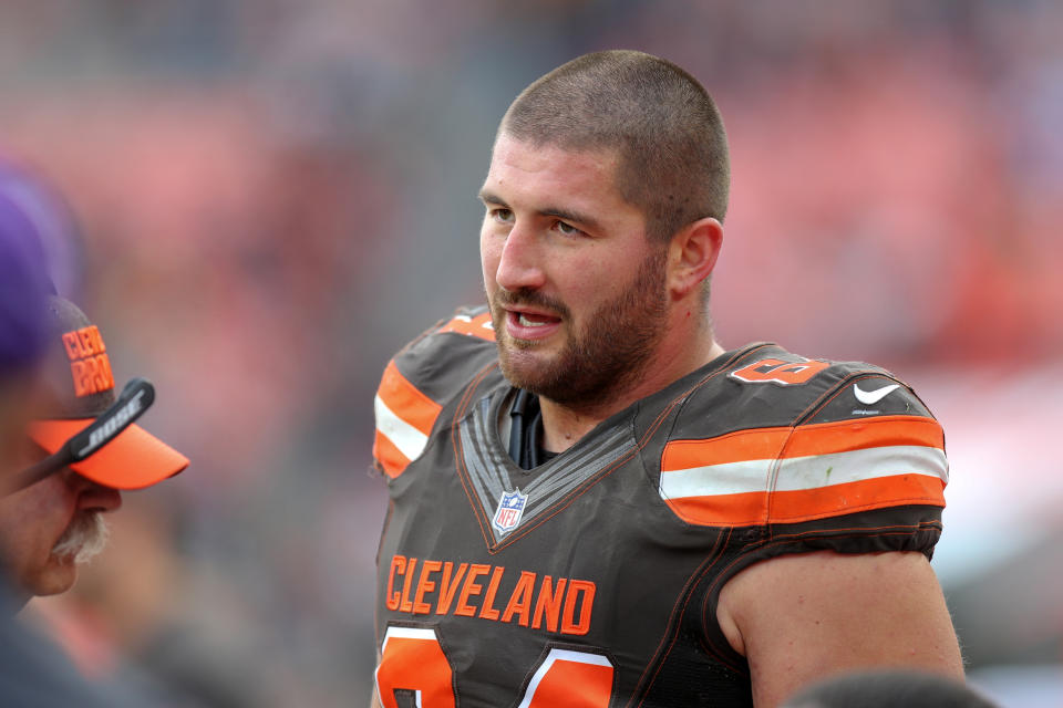 CLEVELAND, OH - NOVEMBER 04: Cleveland Browns center JC Tretter (64) on the sideline during the fourth quarter of the National Football League game between the Kansas City Chiefs and Cleveland Browns on November 4, 2018, at FirstEnergy Stadium in Cleveland, OH. (Photo by Frank Jansky/Icon Sportswire via Getty Images)