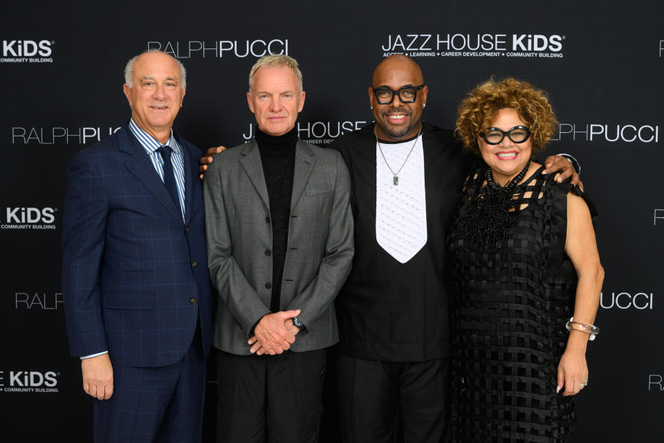 <a href="https://wwd.com/pop-culture/celebrity-news/sting-to-storytell-and-perform-at-ralph-pucci-international-1236076689/" rel="nofollow noopener" target="_blank" data-ylk="slk:Ralph Pucci;elm:context_link;itc:0;sec:content-canvas" class="link ">Ralph Pucci</a>, Sting, Christian McBride and Melissa Walker.