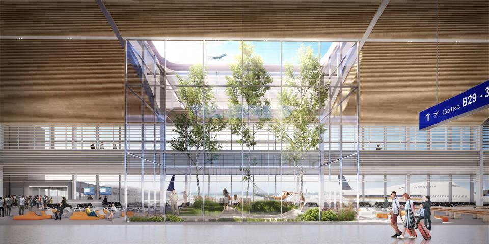 A rendering of the new, natural-light filled global concourse at O'Hare airport in Chicago. Skidmore, Owings, & Merrill Partner Scott Duncan says architecture that employs fresh-air will be paramount in post-pandemic design.