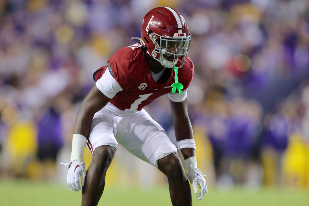 BATON ROUGE, LOUISIANA - NOVEMBER 05: Kool-Aid McKinstry #1 of the Alabama Crimson Tide in action against the LSU Tigers during a game at Tiger Stadium on November 05, 2022 in Baton Rouge, Louisiana. (Photo by Jonathan Bachman/Getty Images)