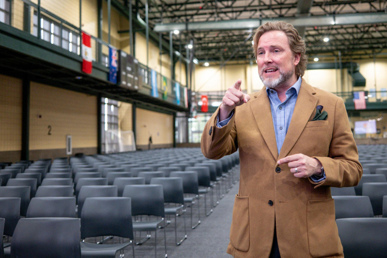 Oklahoma Baptist University President Heath Thomas speaks on Friday after the school's Renewal Era chapel service and celebration marking the one-year anniversary of a tornado that struck the campus in Shawnee.