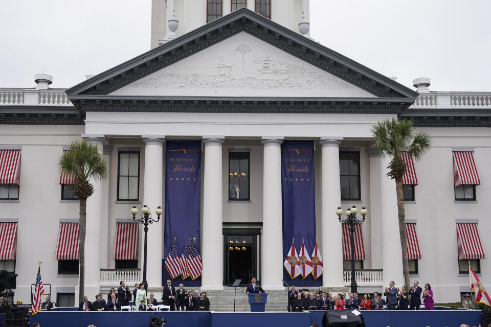 Florida Gov. Ron DeSantis speaks to the crowd after being sworn in to begin his second term during an inauguration ceremony outside the Old Capitol Tuesday, Jan. 3, 2023, in Tallahassee, Fla. (AP Photo/Lynne Sladky)