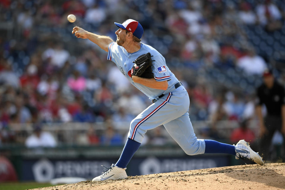 Washington Nationals starting pitcher Max Scherzer delivers during the sixth inning of a baseball game against the Kansas City Royals, Saturday, July 6, 2019, in Washington. (AP Photo/Nick Wass)