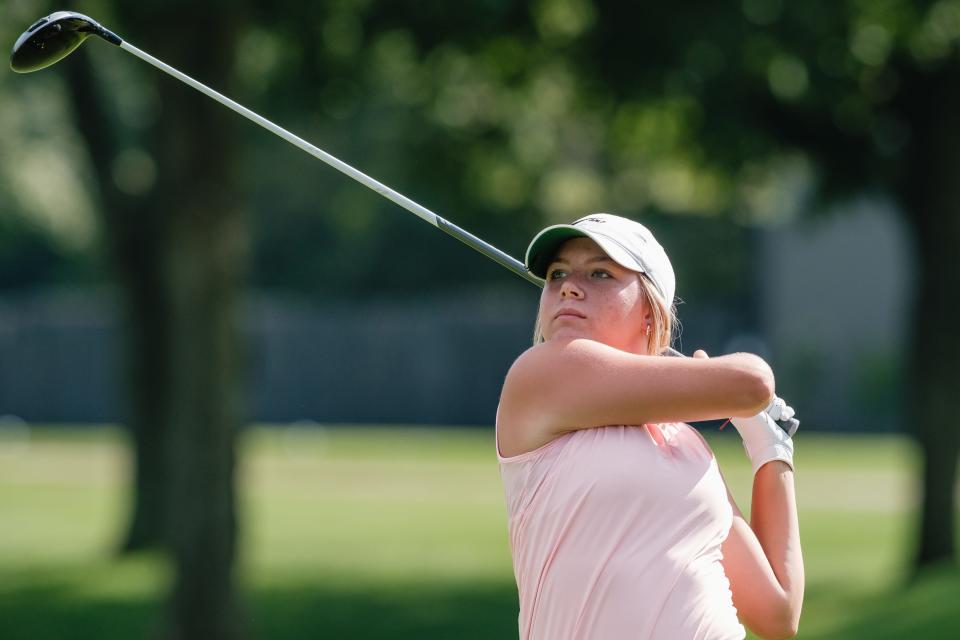 Ashlee Garner follows through on her second drive during The First National Bank Junior Golf Tour Tournament of Champions, Monday, July 25 at Union Country Club.