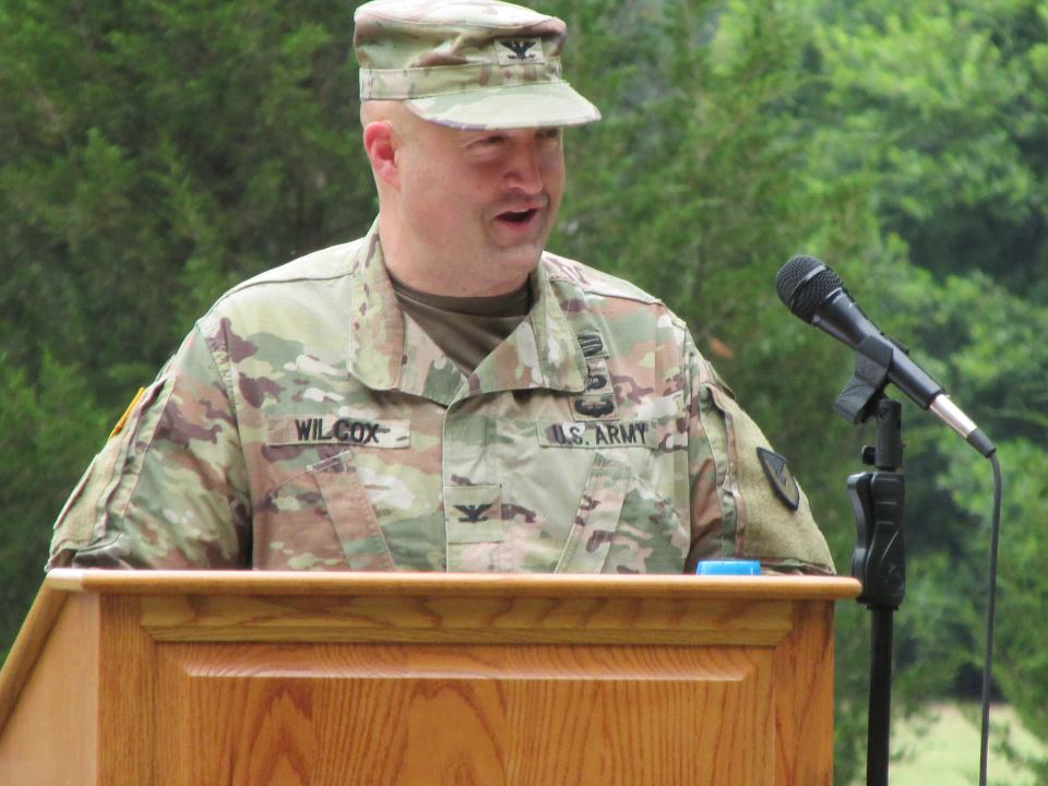 Col. John Wilcox, outgoing garrison commander for Fort Liberty, makes remarks during a command change ceremony Thursday, June 27, 2024, at Fort Liberty.