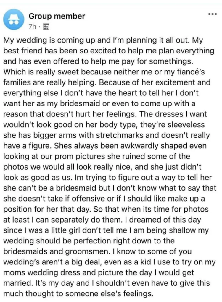 post from the bride saying it's her day and she shouldn't have to give so much thought to someone else's feelings