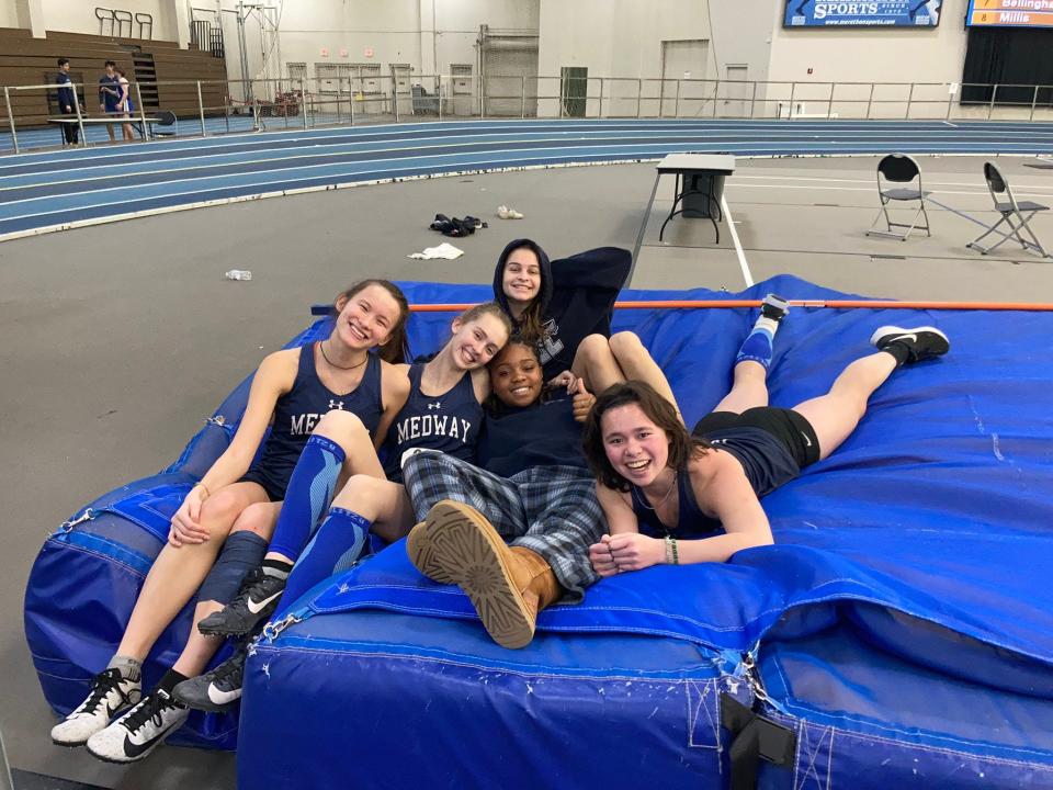 At top, Sam McAdams, and from left, Camellia Meredith, Jaina Campbell, Charity Johnson and Ella Hsieh were among 11 placers and eight personal bests forMedway on Saturday at the TVL Showcase at the Reggie Lewis Center.