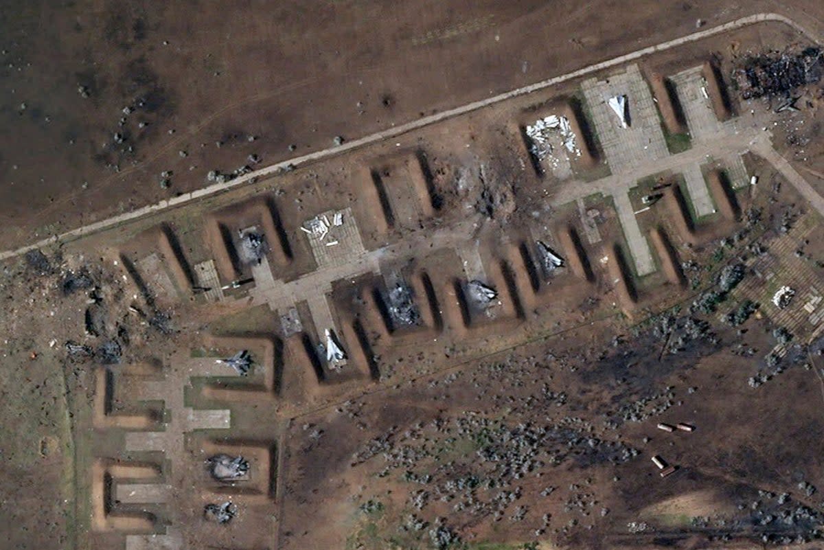 This satellite image provided by Planet Labs shows destroyed Russian aircraft at Saki air base (AP)